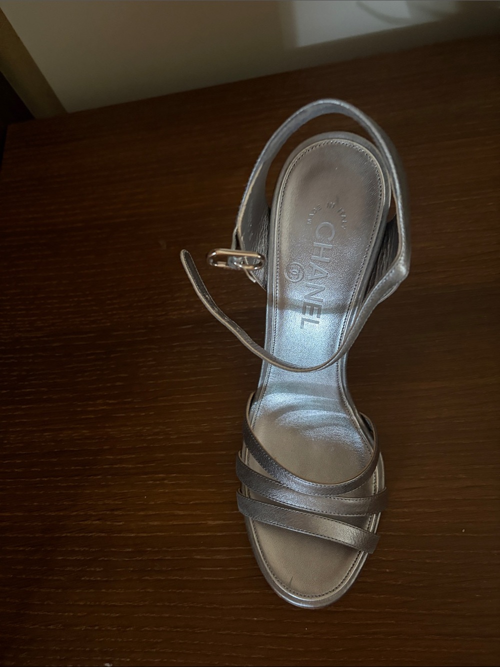 CHANEL Metallic Silver Strappy Slingback Heels